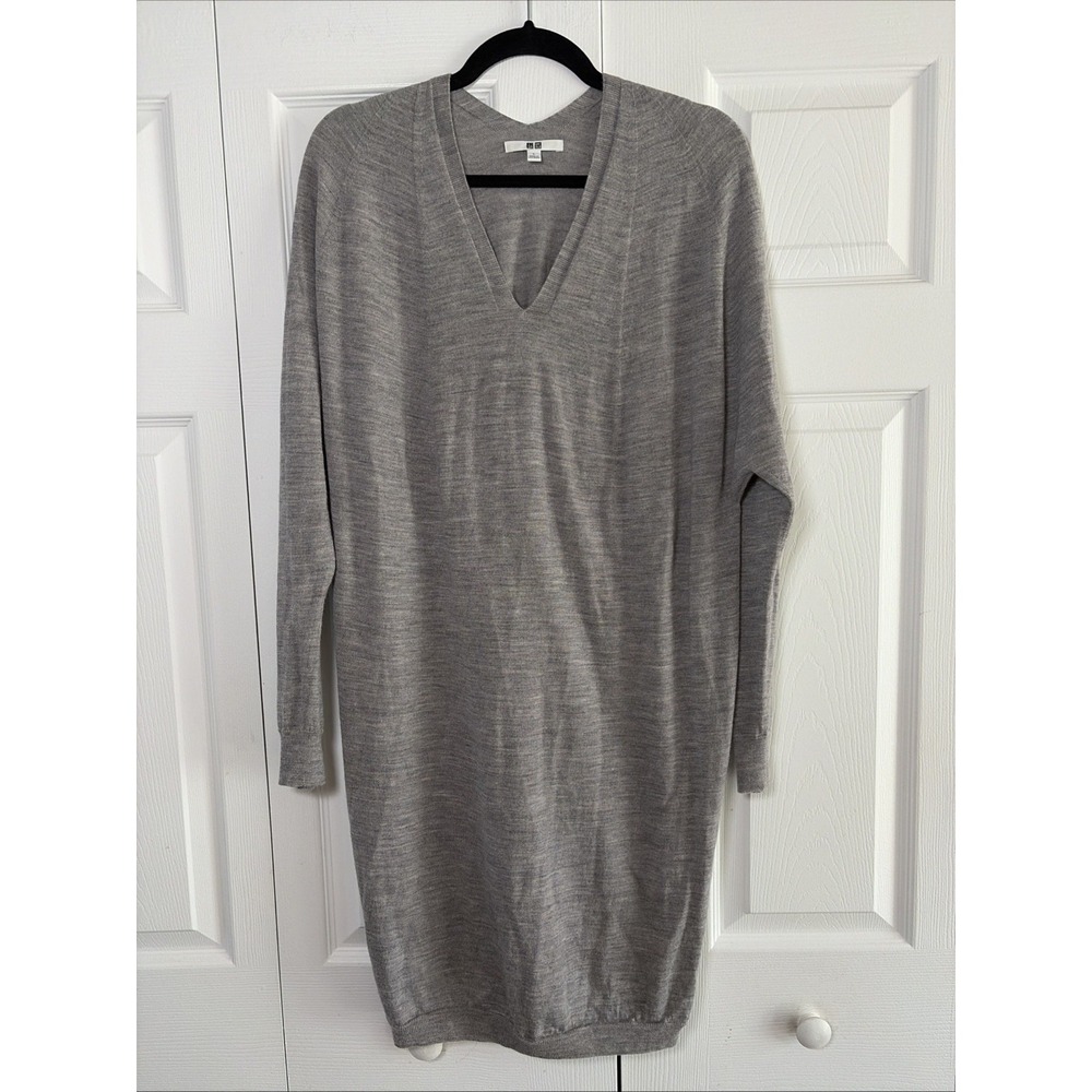 Uniqlo V-Neck Sweater Dress Womens L Gray Wool Knit Long Sleeve Tunic Minimalist